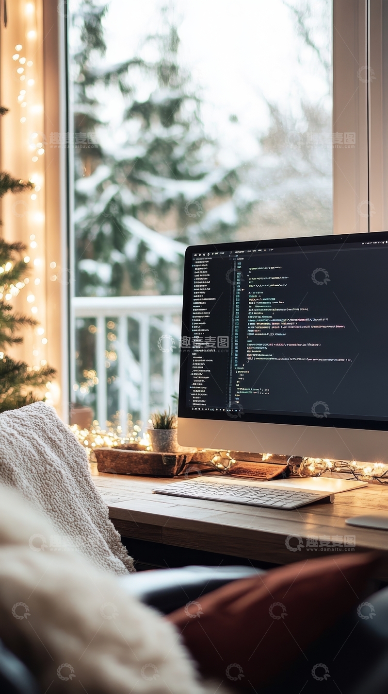 高清大图下载【趣麦麦图】冬日窗边的编程工作场景