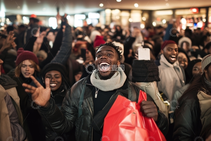 高清大图下载【趣麦麦图】人群欢聚，手持购物袋庆祝