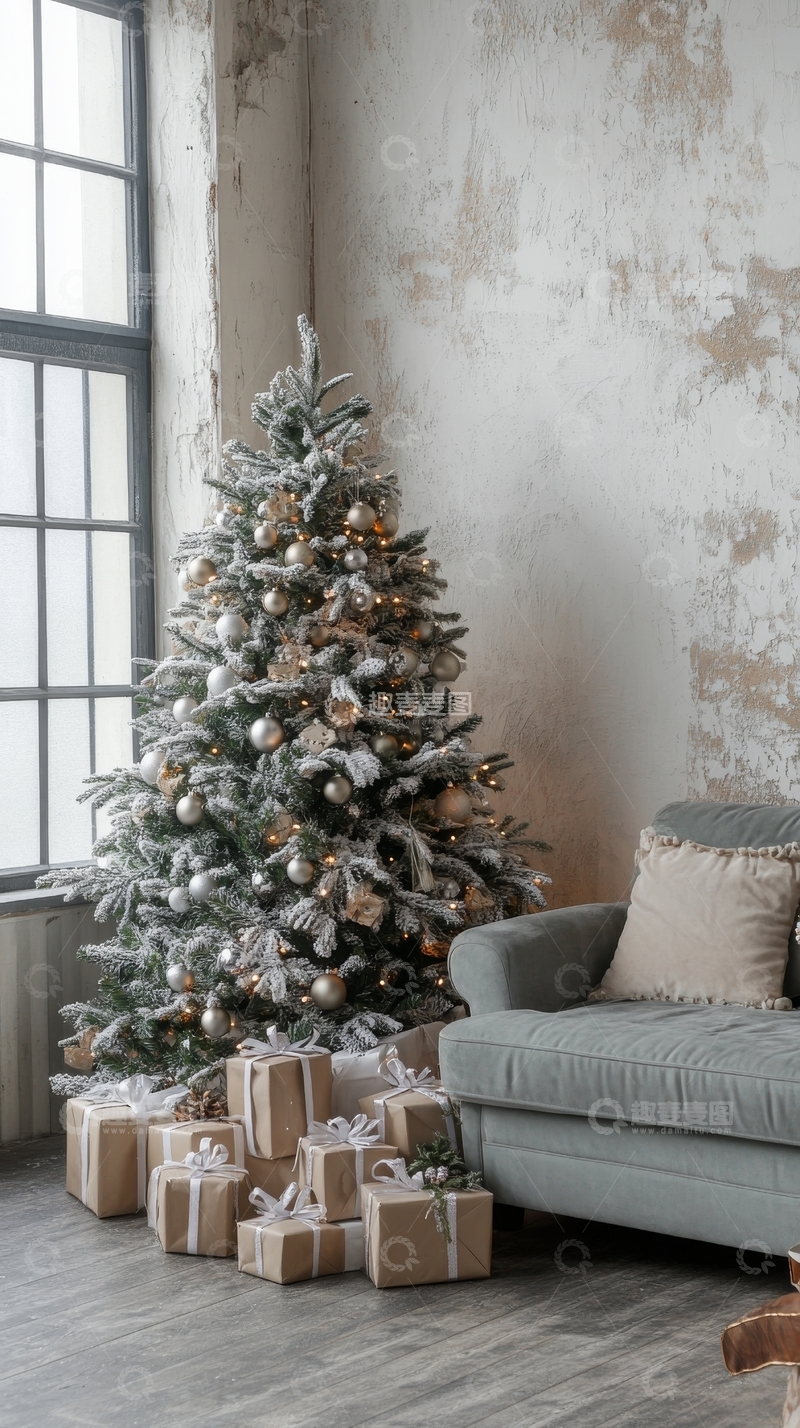 高清大图下载【趣麦麦图】室内圣诞树与礼物装饰场景