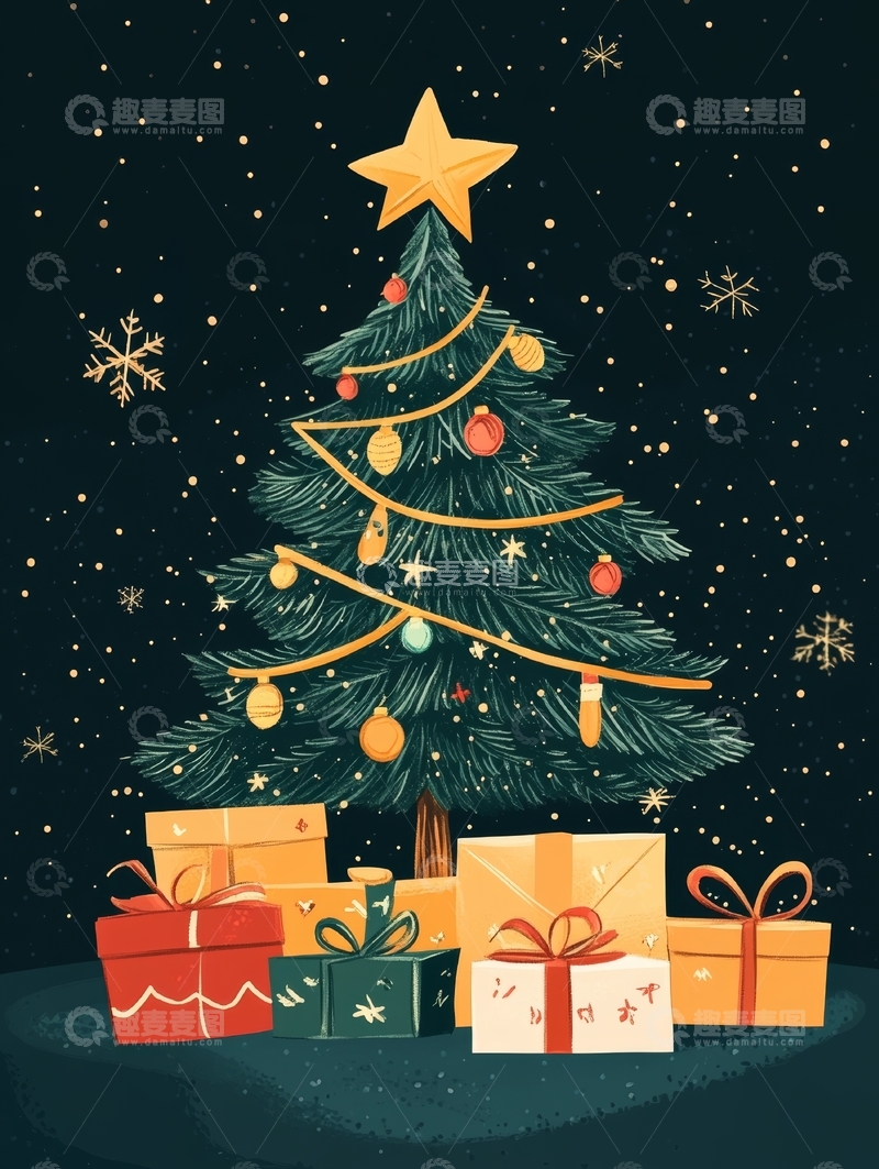 高清大图下载【趣麦麦图】圣诞树与礼物的温馨夜景