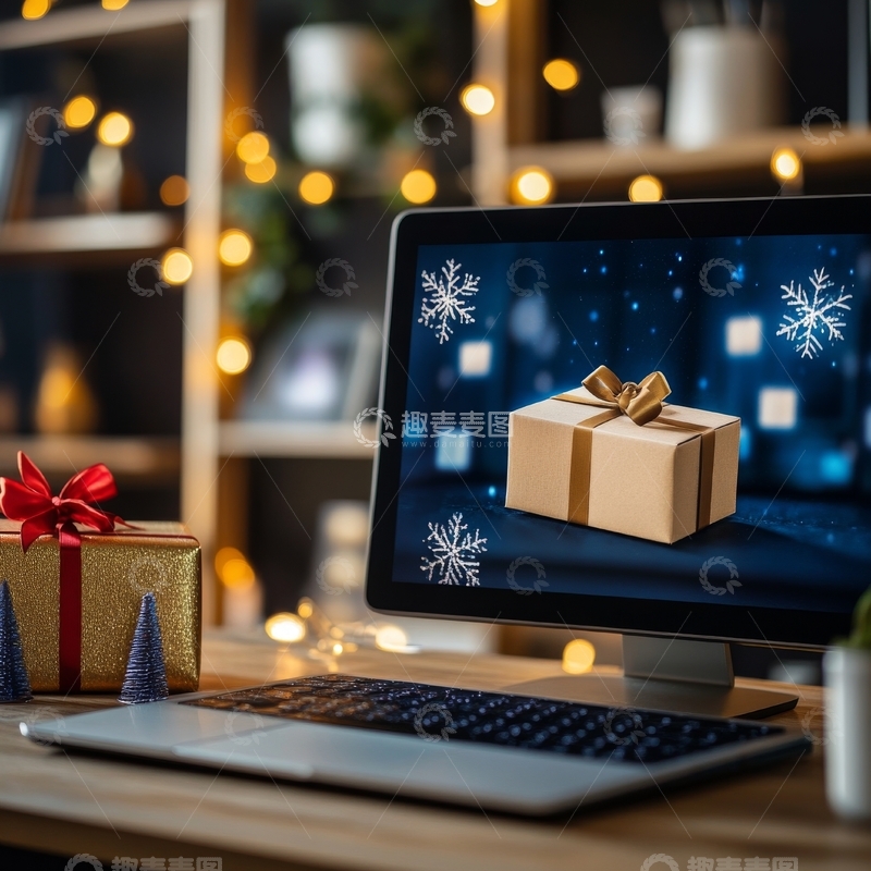 高清大图下载【趣麦麦图】节日礼物与电脑屏幕上的虚拟礼盒
