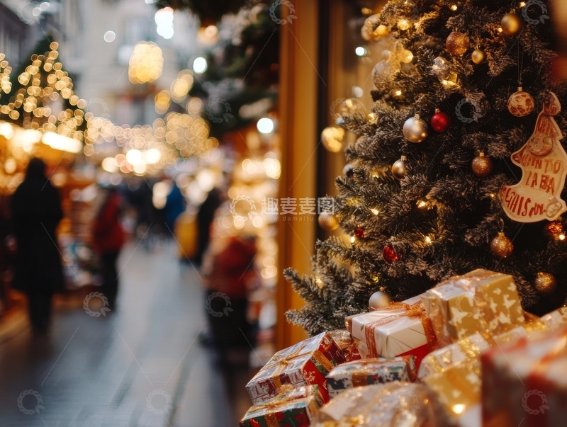高清大图下载【趣麦麦图】圣诞树前的礼物与节日街道