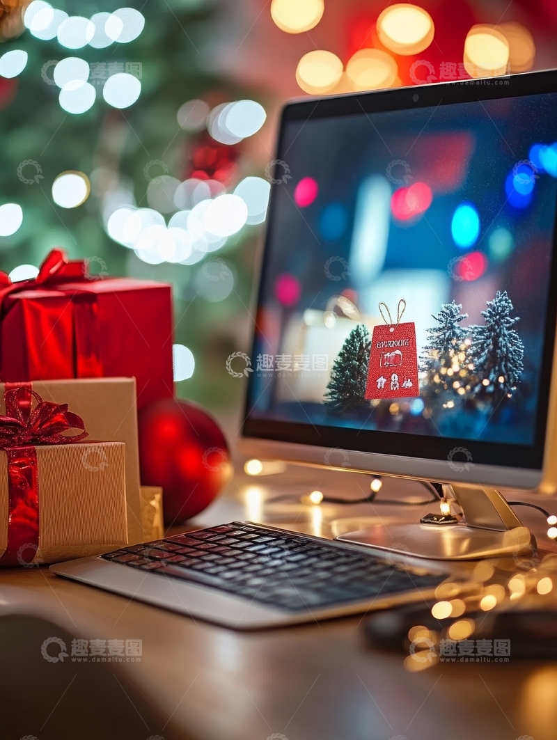 高清大图下载【趣麦麦图】圣诞装饰下的笔记本电脑屏幕