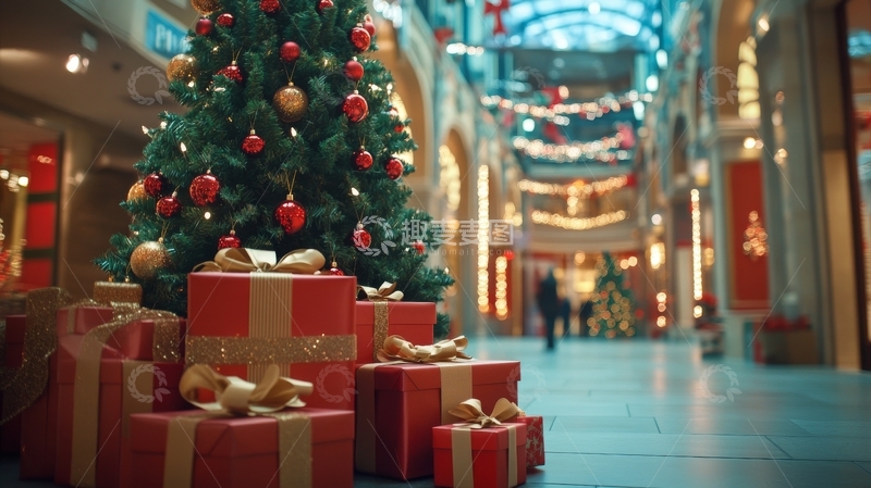 高清大图下载【趣麦麦图】商场内的圣诞树与礼物