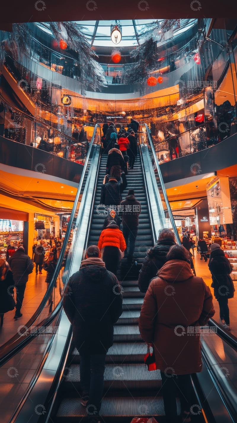高清大图下载【趣麦麦图】购物中心内繁忙的自动扶梯