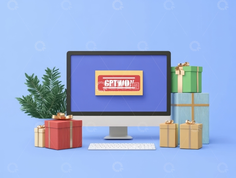 高清大图下载【趣麦麦图】电脑屏幕显示礼物字样，周围摆放礼品盒