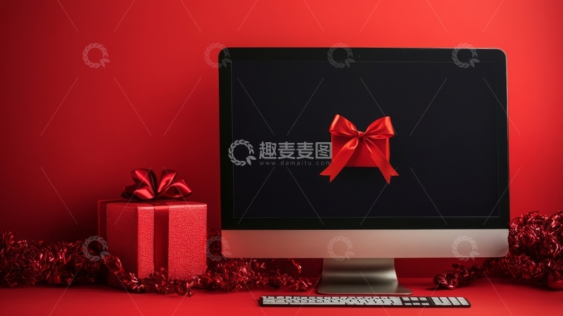 高清大图下载【趣麦麦图】电脑屏幕上的红色蝴蝶结与节日礼物