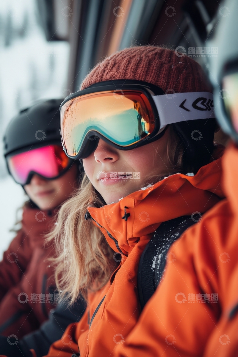 高清大图下载【趣麦麦图】滑雪者在缆车上准备出发