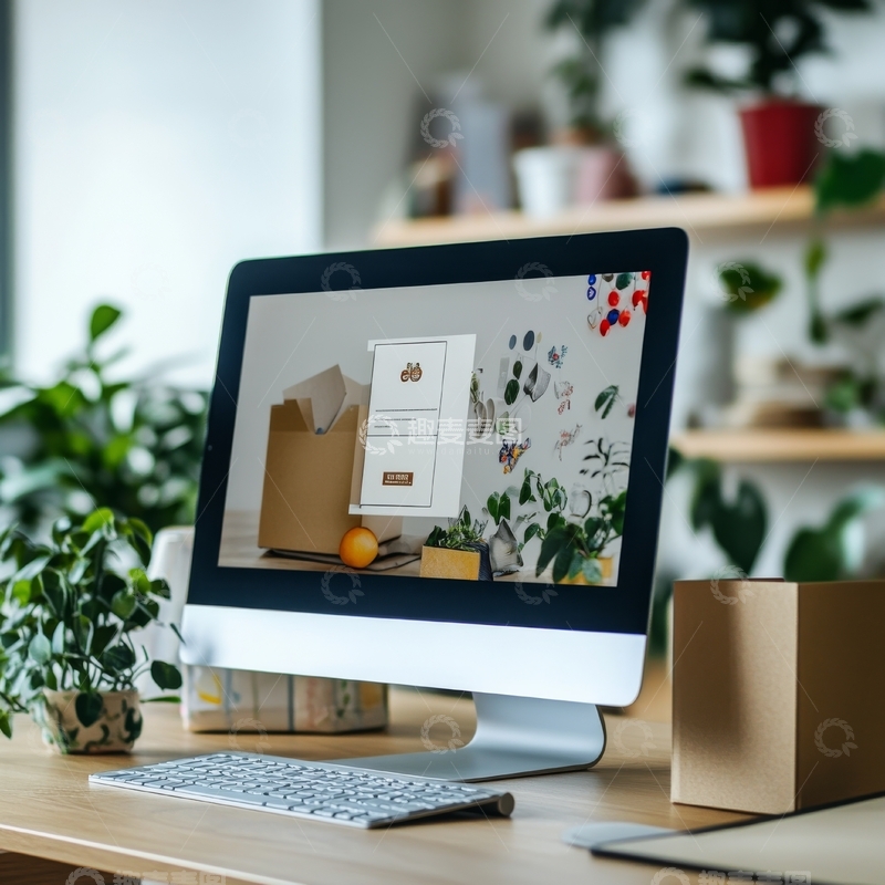 高清大图下载【趣麦麦图】办公桌上的电脑显示植物与包装盒网页