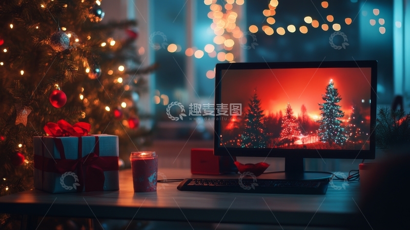 高清大图下载【趣麦麦图】圣诞树旁的电脑屏幕显示冬季雪景
