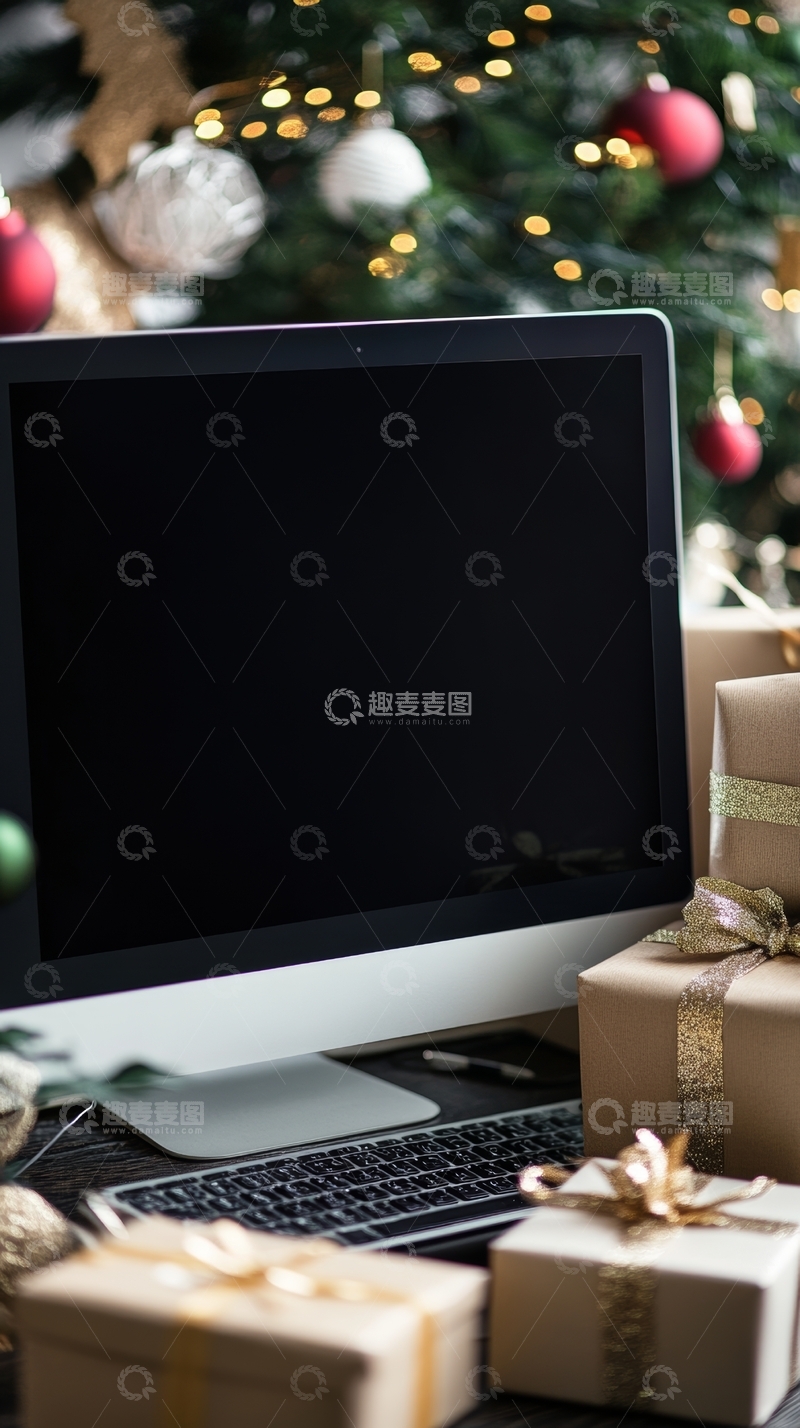 高清大图下载【趣麦麦图】圣诞树旁的电脑与礼物