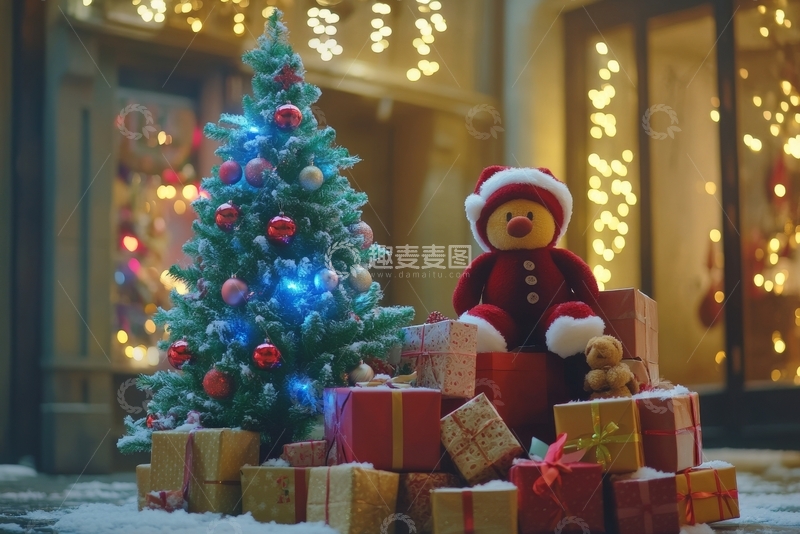 高清大图下载【趣麦麦图】圣诞树旁的礼物堆与玩偶