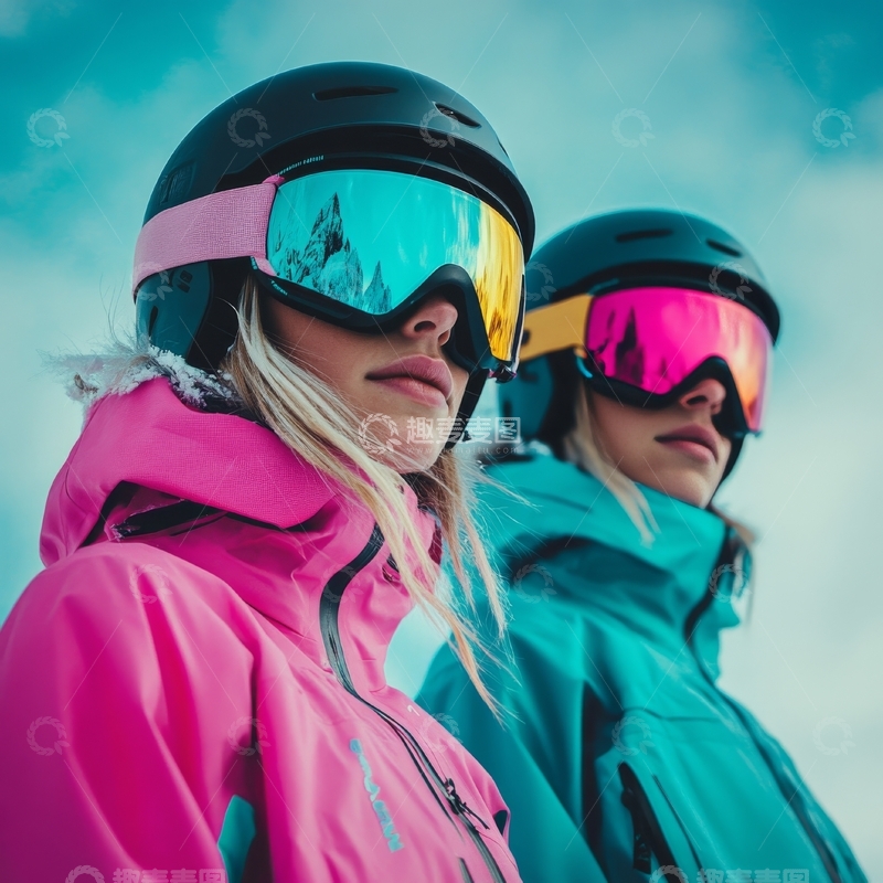 高清大图下载【趣麦麦图】两位滑雪者穿着鲜艳装备准备出发