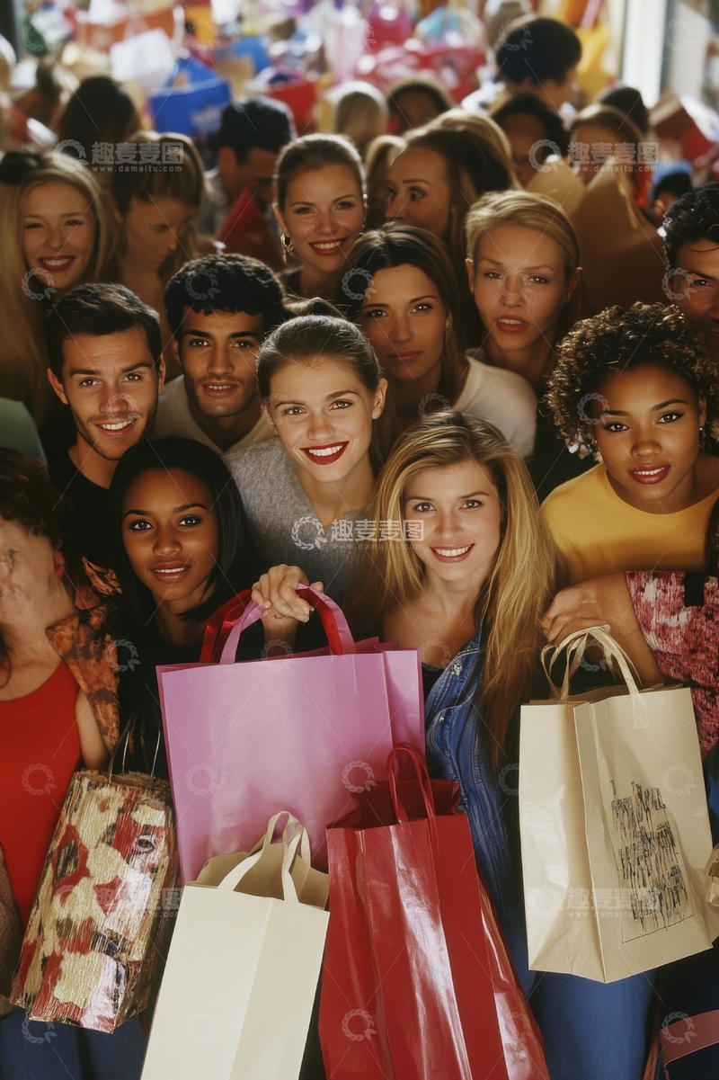 高清大图下载【趣麦麦图】-人群手持购物袋，笑容满面