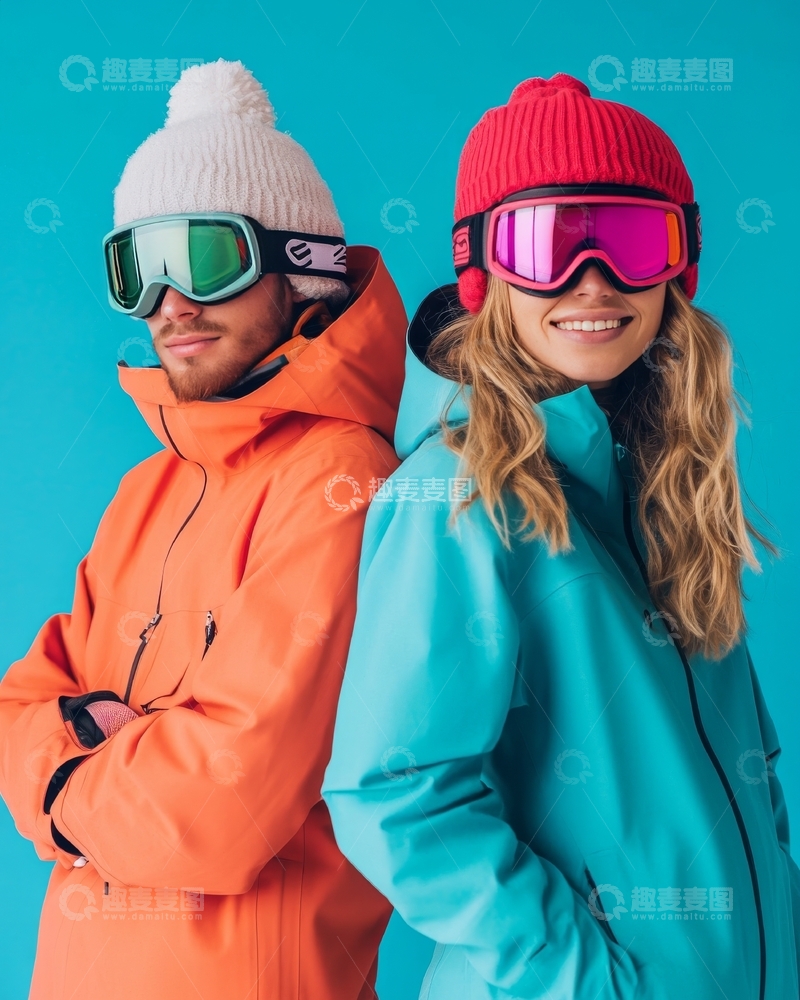 高清大图下载【趣麦麦图】滑雪装扮男女背靠背微笑