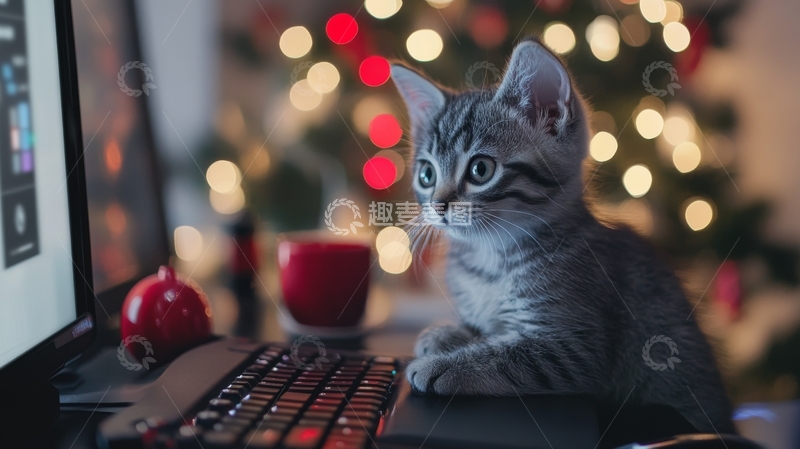 高清大图下载【趣麦麦图】小猫在电脑前，背景是节日灯光