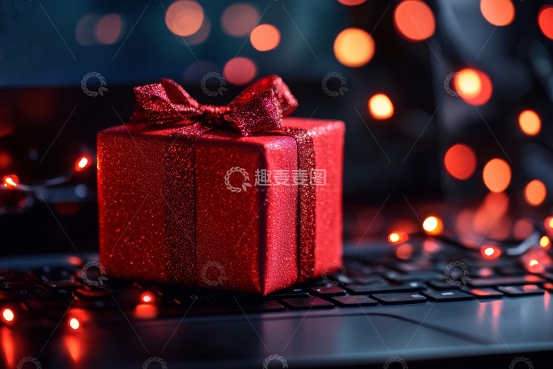 高清大图下载【趣麦麦图】红色礼物盒置于键盘上，背景闪烁灯光