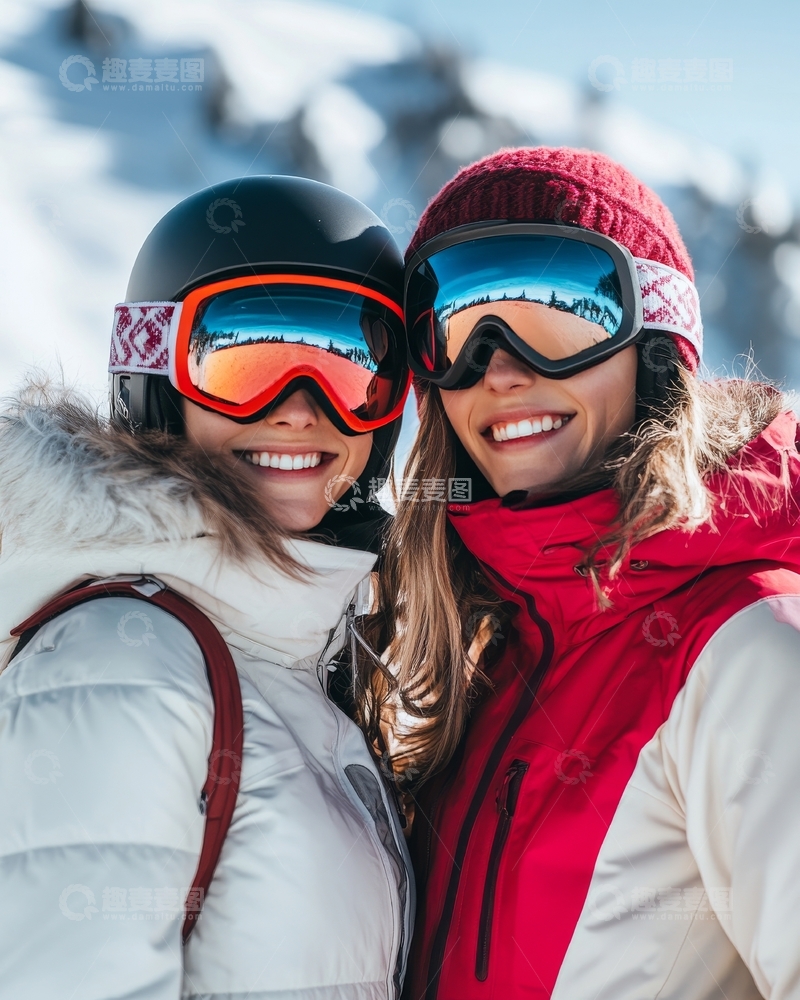雪地自拍：两位滑雪者笑容灿烂