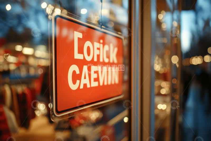 高清大图下载【趣麦麦图】红色招牌挂在商店玻璃门上