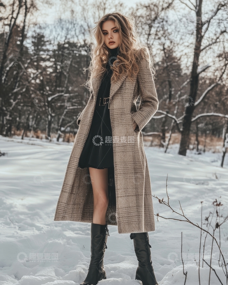 高清大图下载【趣麦麦图】冬日雪地中的时尚女性