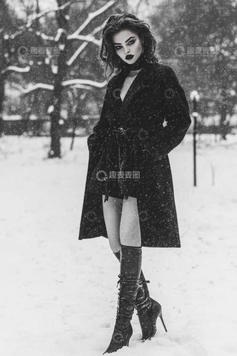 高清大图下载【趣麦麦图】雪地中的时尚女性