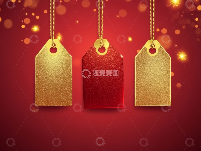 高清大图下载【趣麦麦图】金色标签悬挂于红色背景之上