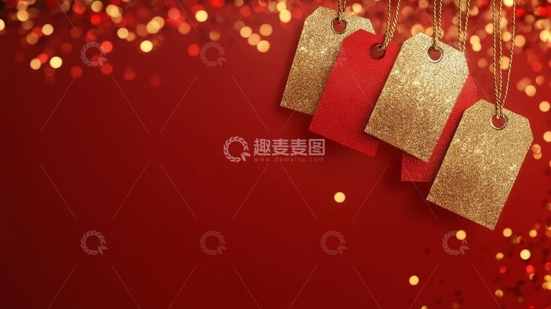 高清大图下载【趣麦麦图】红色背景上的金色吊牌与闪烁灯光
