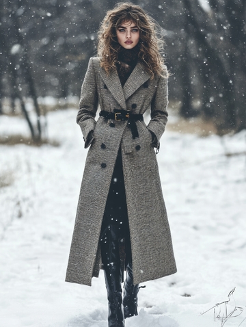 雪中行走的女性，身着长款大衣