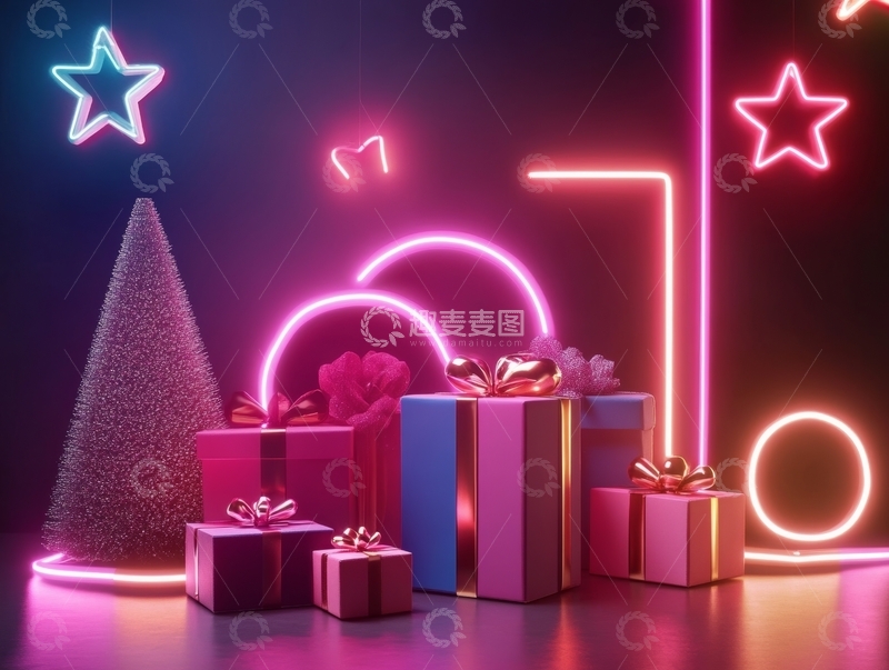 高清大图下载【趣麦麦图】霓虹灯下的圣诞礼物与装饰