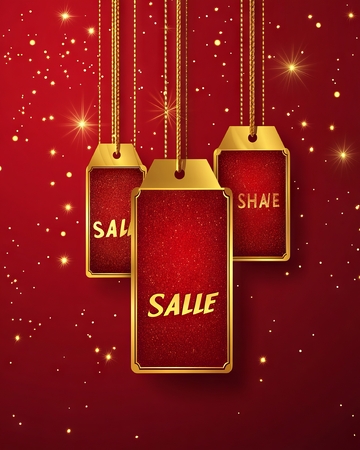 金色吊牌上的“SALE”字样，红色背景闪烁星光