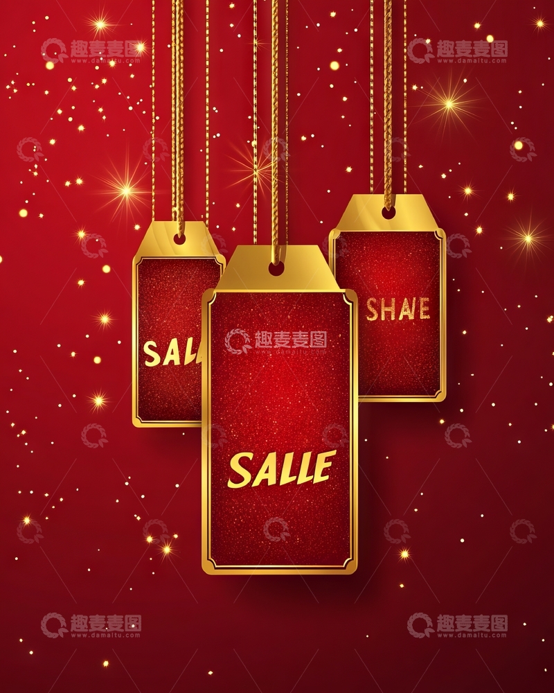 高清大图下载【趣麦麦图】金色吊牌上的&ldquo;SALE&rdquo;字样，红色背景闪烁星光
