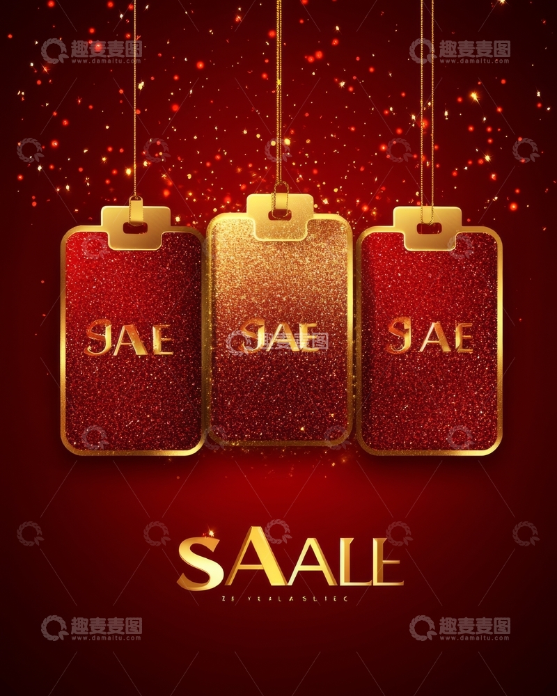 高清大图下载【趣麦麦图】金色标签与红色背景的促销设计