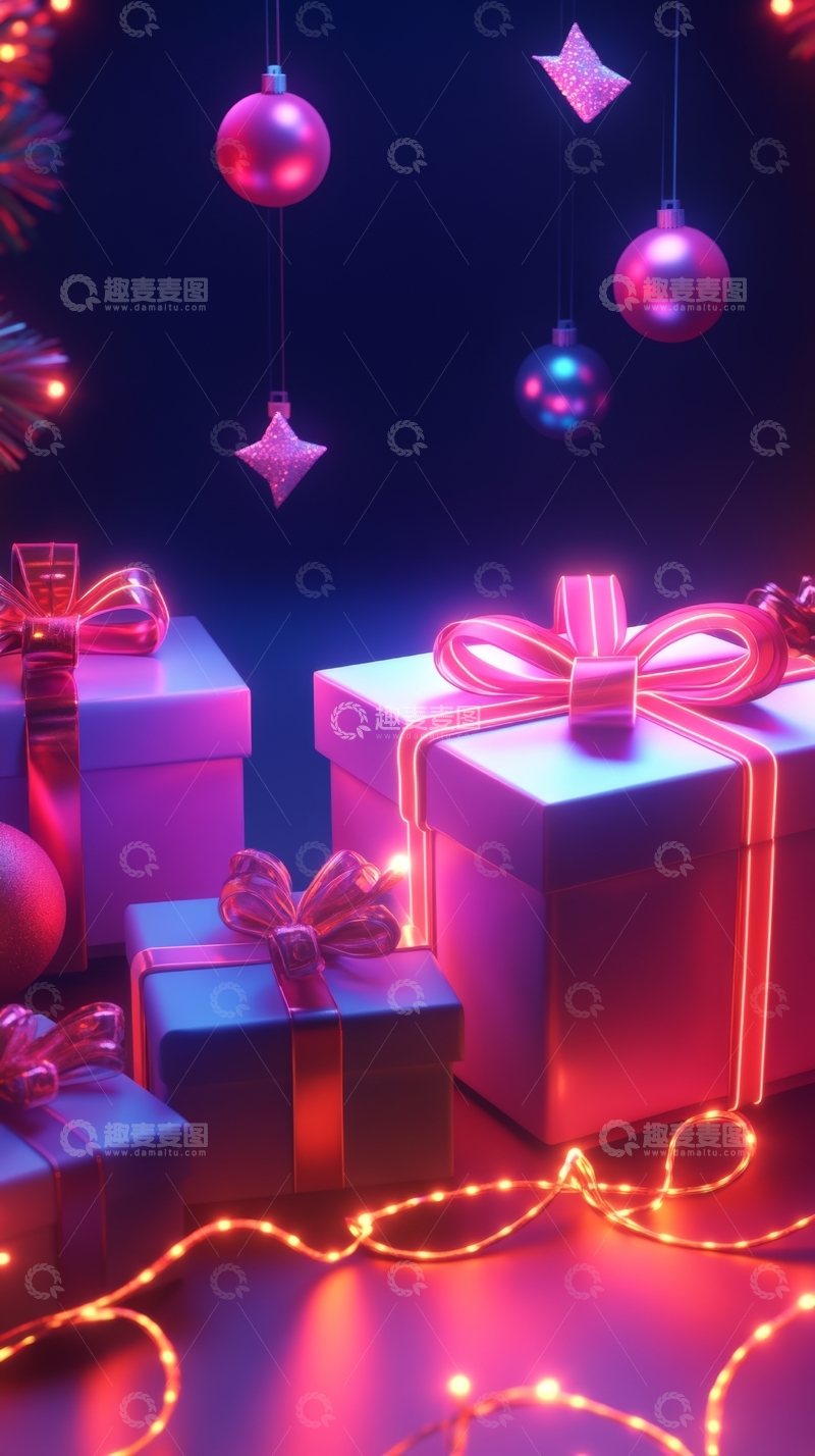 高清大图下载【趣麦麦图】霓虹灯下的节日礼物与装饰