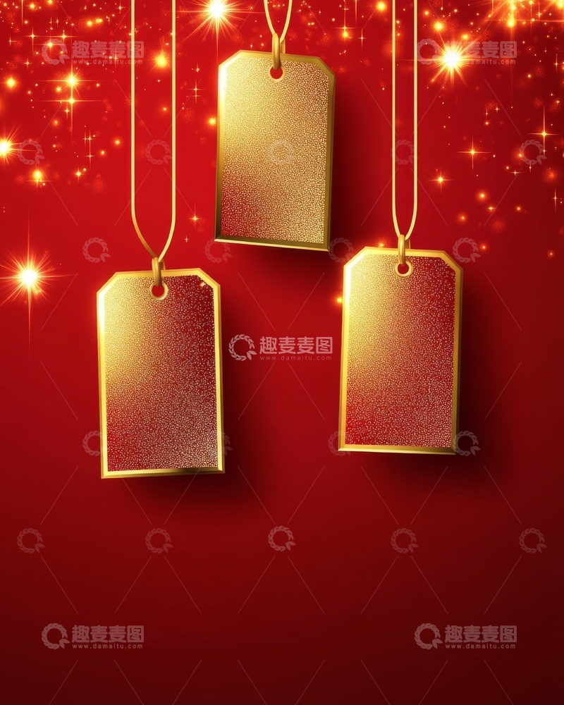 高清大图下载【趣麦麦图】金色标签悬挂于红色背景之上