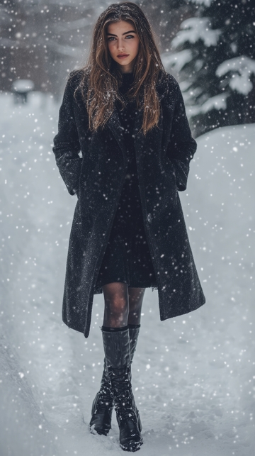 雪中女子，黑色大衣与长靴