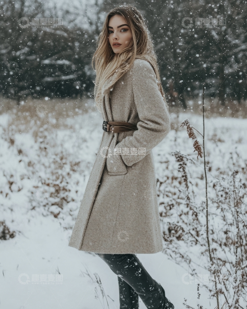 高清大图下载【趣麦麦图】雪地中的女性，身着米色大衣