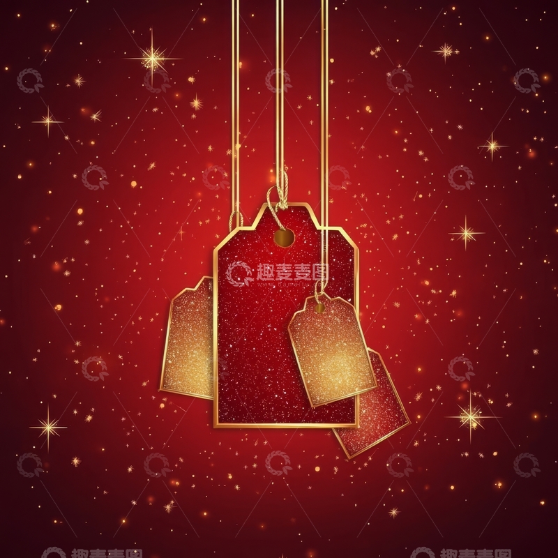 高清大图下载【趣麦麦图】金色标签悬挂于红色星光背景