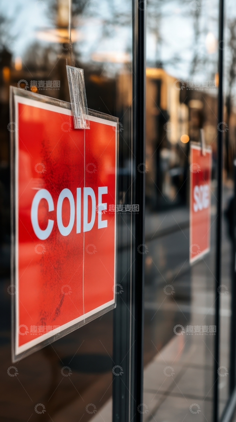高清大图下载【趣麦麦图】红色标志贴在玻璃门上