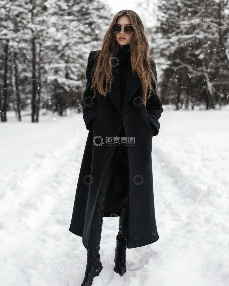 雪地中的黑衣女子