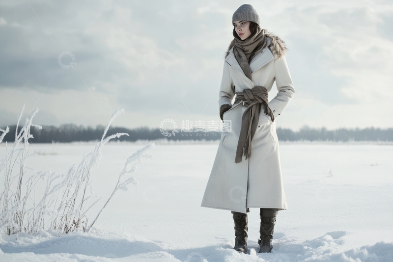 雪地中的女子，身着白色大衣