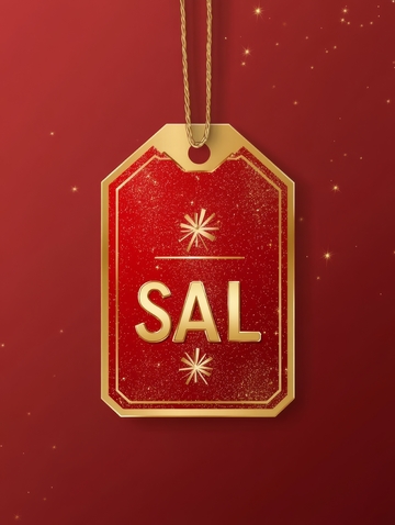 红色背景上的金色吊牌，标有'SAL'