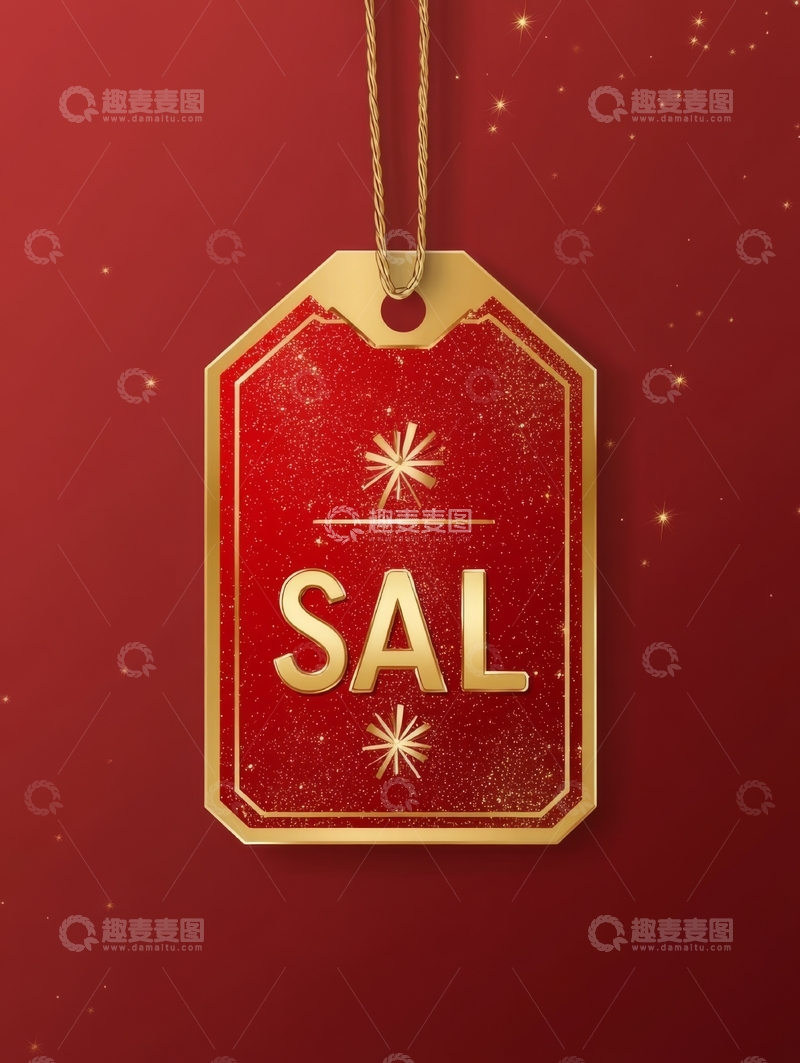 高清大图下载【趣麦麦图】红色背景上的金色吊牌，标有'SAL'
