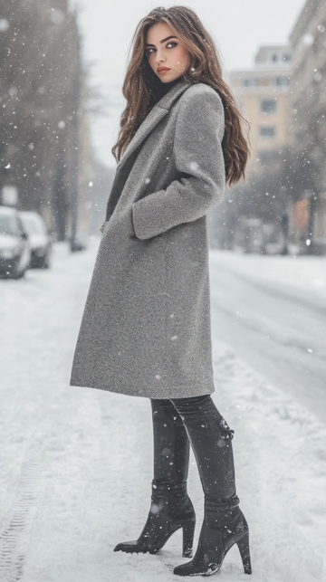 雪中站立的女性，身穿灰色大衣