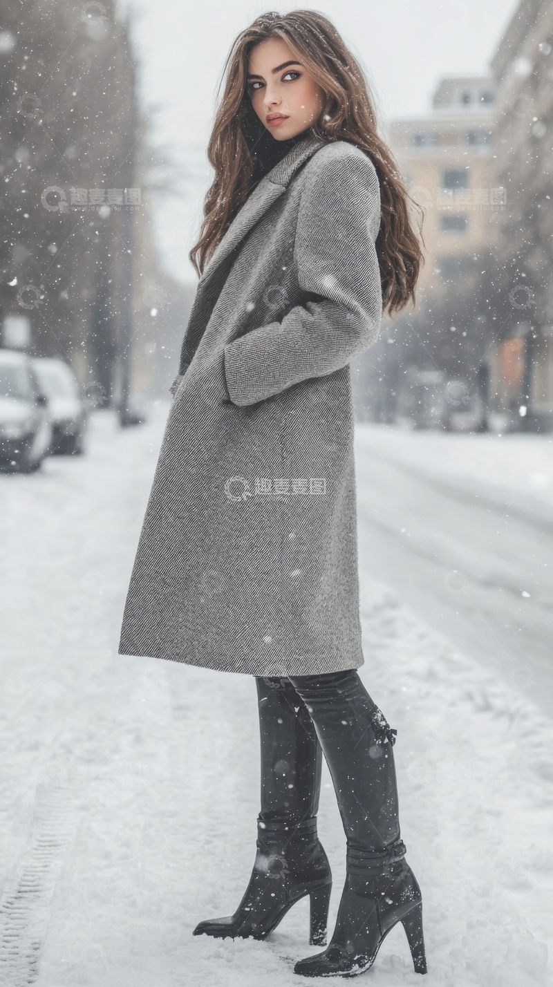 高清大图下载【趣麦麦图】雪中站立的女性，身穿灰色大衣