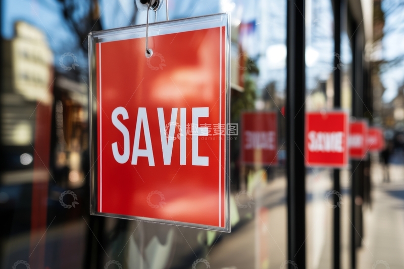 高清大图下载【趣麦麦图】红色&ldquo;SAVIE&rdquo;标识挂在玻璃窗上