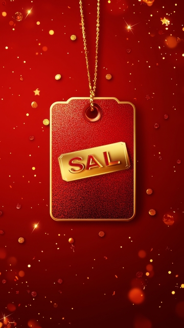 金色销售标签悬挂于红色背景之上