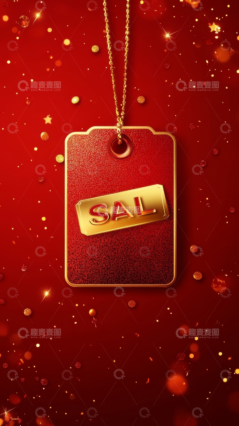 高清大图下载【趣麦麦图】金色销售标签悬挂于红色背景之上