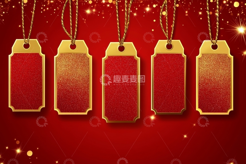 高清大图下载【趣麦麦图】红色背景上的五个金色吊牌