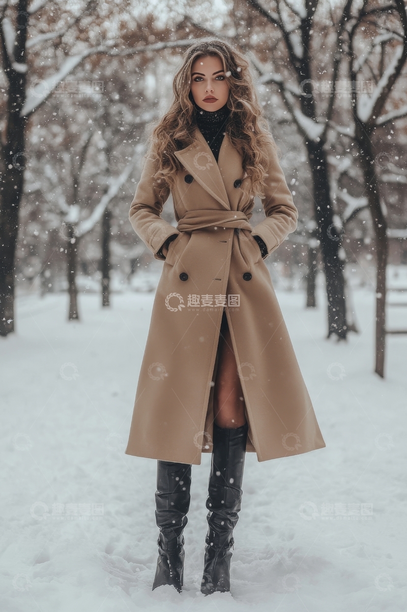 雪中女子身着长风衣