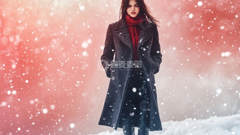 高清大图下载【趣麦麦图】雪中行走的女子